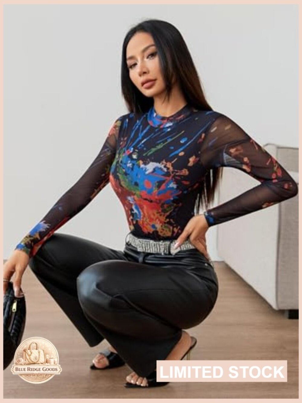 Women's Mesh Long Sleeve Bodysuit Mock Neck Printed Snap Crotch One Piece - Picture 4 of 5
